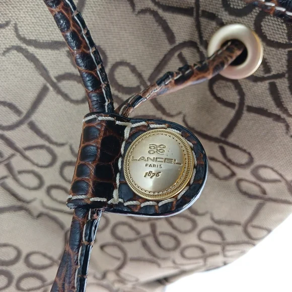 Lancel Canvas Monogram / leather brown crocodile bucket handbag - Picture 2 of 13
